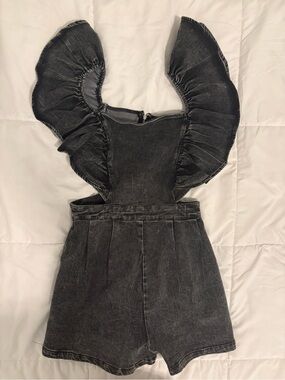 Willow Black Washed Denim Ruffle-Shoulder Romper